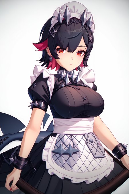 ZZZ_Style,<lora:ZZZ_Style_Pony:1>  <lora:ZenlessZoneZeroPDXL:1>ellen joe, black hair, colored inner hair, multicolored hair, red eyes, red hair, short hair, two-tone hair, apron, black pantyhose, black shirt, black skirt, ear piercing, fins, fish tail, maid, maid apron, maid headdress, pantyhose, piercing, puffy short sleeves, puffy sleeves, shark girl, shark tail, shirt, short sleeves, skirt, tail, two-tone hair, wrist cuffs,large breast, Score_9, Score_8_up, Score_7_up, Score_6_up, Score_5_up, Score_4_up, BREAK,1girl in full growth, best quality, masterpiece, ultra-detailed, high quality,good quality,1 girl,(master piece,high resolution, ultra detailed,8K,16K),look at viewer