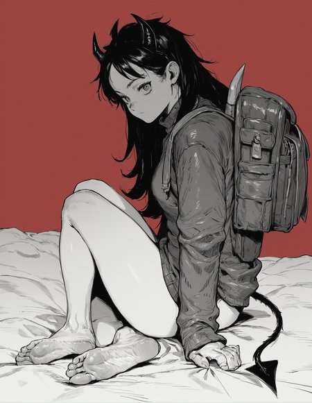 score_9, score_8_up, score_7_up,score_6_up,high resolution,qhayastyle,monochrome,greyscale,red background,bedroom,1girl,pov,feet focus,soles,sweater,backpack,shoulder pads,long hair,black hair,demon,horns,tail,from side