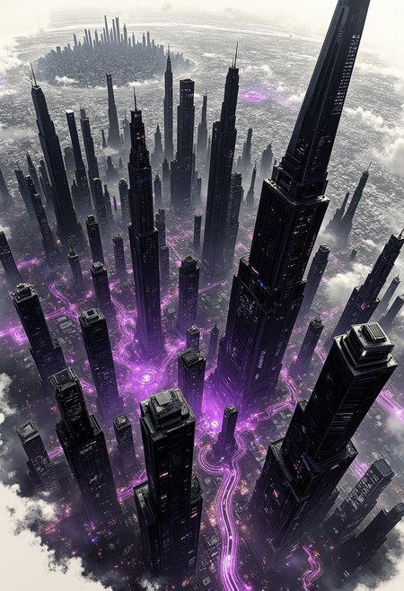 Imagine a scene where the viewer is positioned directly above a massive, futuristic cityscape, as if looking down from a high-altitude drone or satellite orbiting Earth. The city itself is a chaotic jumble of towering skyscrapers, neon lights, and holographic billboards that flicker with an almost hypnotic rhythm.The central element of the photo is a sprawling cyberpunk ink painting, rendered in deep blacks, grays, and vibrant purples. This painting occupies a large portion of the frame, taking up about two-thirds of the image. The ink lines are bold and intricate, forming a labyrinthine structure that seems to breathe with a life of its own.Within this intricate drawing, you can see glimpses of various cyberpunk elements: sleek androids with glowing eyes, sprawling data nets pulsating with digital energy, and towering skyscrapers with windows reflecting the neon glow below. The ink painting is not static; it appears as if it’s in motion, with swirling clouds of black ink that twist and turn, creating a sense of dynamic movement.The remaining third of the photo features the actual cityscape, seamlessly blending reality and fantasy. The buildings are a mix of futuristic architecture—some with smooth metallic surfaces reflecting the night sky, others with jagged edges and protruding mechanical limbs. In the distance, you can see a cluster of towering structures that seem to defy gravity, their tops lost in an ever-present haze of smog and electrical storms.The lighting in this photo is crucial for its impact. The city below glows with a soft, diffused light from neon signs and holograms, casting long shadows that create depth and texture within the ink painting. In contrast, the ink itself absorbs all light, giving it an almost glowing quality despite being black and dark.The angle of view emphasizes the vastness of both the real city and the cyberpunk artwork, creating a sense of wonder and awe. The viewer is left with a feeling of being on the cusp of another world, where technology and artifice merge into something surreal and beautiful.    aidmaMJ6.1.