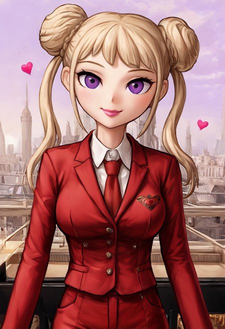 (score_9, score_8_up, score_7_up, score_6_up, score_5_up, score_4_up), 1girl, Karina, blonde hair, double bun hairstyle, purple eyes, large breasts, looking at viewer, glitter lips, smile, city, easynegative, red suit, red pants, red necktie, lovecore,Hearts,love letters,kiss marks,bouquets,cherubs,Red,pink,white,Valentine's Day, Playing piano front view