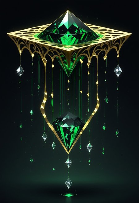 (masterpiece), best quality, Anime, (Floating Diamond, Melting, Dripping), Black Background, No Humans, Green and Black Theme, Gold Filigree, (Light Refraction), Symphtia-Style