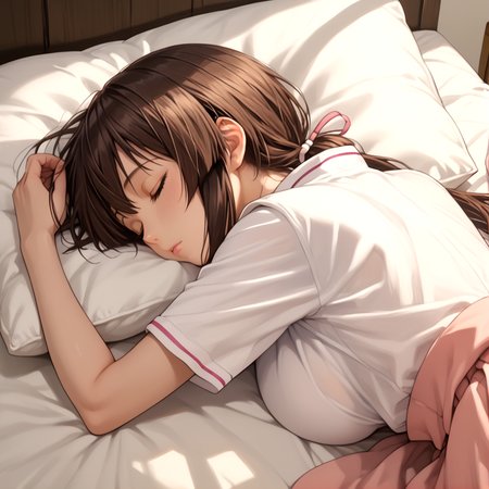 musubi, 1girl, ass, sleeping, solo, top-down bottom-up, from behind, on bed, pillows, sleeping,