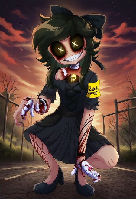 Masterpiece, High quality, OC, anime, Female Adult woman, solo, 1girl, Cyn, 1girl, solo, x pupils, black hair, smile, black dress, armband, yellow armband, extra hands, sinister smile, looking at viewer. Crouching, bottom close up view, blood Red cloud sky, dead trees background, Hand on ground scratching the ground, blood on hands, blood scratches on ground.