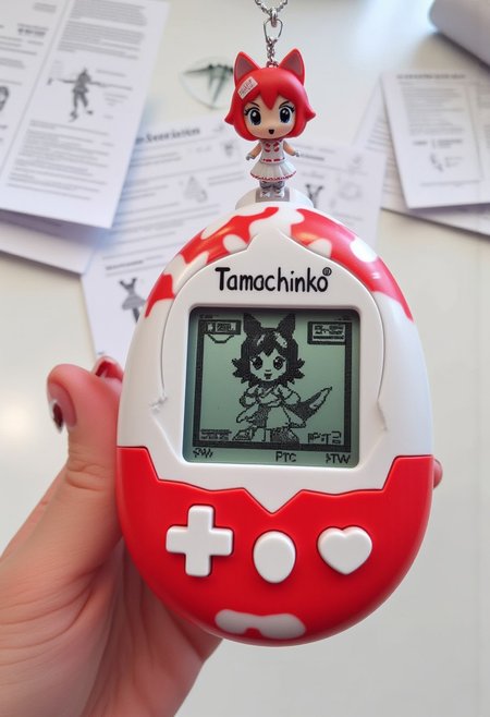 The image is a high-quality photograph of a red and white Tamagotchi with a plastic toy dice motif labeled "Tamachinko", displaying a black and white pixelated image of a cute 1990's anime girl with short, messy hair, dog ears and tail, and a happy facial expression. Attached to the device is a chain with a small figurine charm of the same anime girl character as a small, plastic, chibi doll. She has red hair, red dog ears, red dog tail, blue eyes, is blushing, and is wearing a white sundress with red lace trim and white vinyl kneehigh boots. The buttons on the device are vaguely shaped like hearts or dice. The device is being held in a sterile white laboratory with scientific documents and papers scattered in the background.