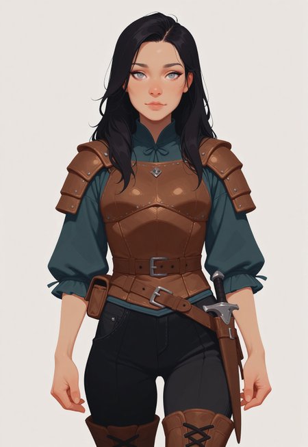 HDR, 8K, masterpiece, best quality, amazing quality, very aesthetic, realistic, newest, 
(artist:incase:0.1), (artist:tsuaii:0.1), (Flatline, Flat vector illustration, no lineart, no outline, flat colors:1.2), 
1girl, solo, cute face, grey eyes, dark hair, long hair, 
standing, front view, looking at viewer, white background, cowboy shot,
leather armor, dagger in scabbard, satchel, black pants, leather boots, adventurer
