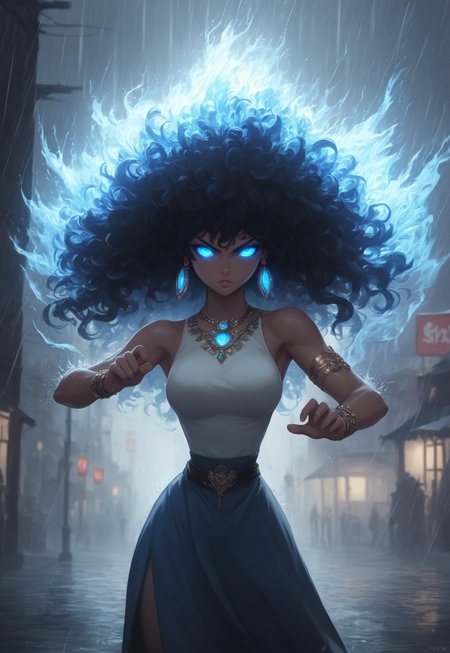  (((score_9, score_8_up, score_7_up, bold, boldly, narrow waist, )))
, 
((( highly detailed, masterpiece, perfect, detailed, hd, )))
,
((( Stormmb, big hair, hair burning blue,)))
,
((( 1girl, solo, )))
,
((( Outdoors, rain, storm, )))
,
((( Action pose ))) 
,
((( Jewelry, earrings, Blue eyes, glowing, glowing eyes,)))
,
(((  )))
,
((( )))
,
()