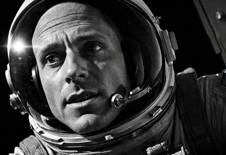 cinematic, ((black and white, monotone, greyscale)), 1955, portrait, of a terrified, Johnny Sins, as a astronaut, floating, lost in space, noise, noisy, detailed, high quality, cinematic lighting, contrast, dynamic shadows,