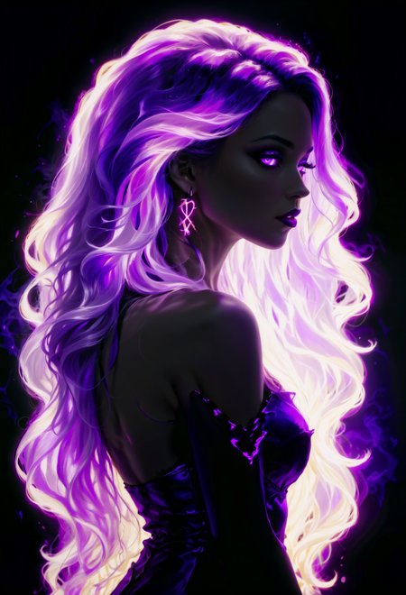 a pitch black setting with a silhoutte of a beautiful long haired woman lit up by a purple hue, magical, silhouette, purple theme, abstract, purple neon, beautiful, perfect anatomy, reflection, retraction, ephemeral, purple flame hair  <lora:sdxl\add-detail-xl> <lora:sdxl\xl_more_art-full_v1> <lora:sdxl\zavy-hrglw-sdxl:0.35>, zavy-hrglw, neon purple hair
