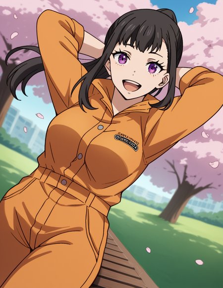 score_9, score_8_up, score_7_up, source_anime, <lora:maki-oze-s1s2-ponyxl-lora-nochekaiser:1>, maki oze, long hair, bangs, black hair, purple eyes, ponytail, medium breasts,, jumpsuit, orange jumpsuit,, park, cherry blossoms, bench, gentle breeze, peaceful, running, open mouth,, smile, hands behind head,, looking at viewer, solo,, dutch angle, cowboy shot