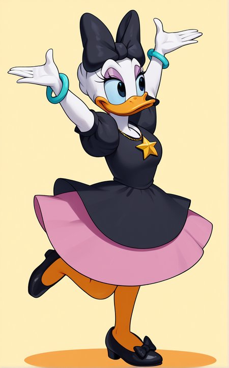 score_9, score_8_up, score_7_up, absurdres, w arms, :d, leg up, open hands, palms, smile, spread fingers, standing, standing on one leg, yellow background, <lora:PONYXL_DaisyDuck_ownwaifu:1>, BREAK BlackDress_DaisyDuck_ownwaifu, 1girl, beak, bird girl, breasts, duck, duck girl, eyelashes, eyeshadow, furry female, hair bow, jewelry, puffy short sleeves, puffy sleeves, white fur, black dress, feathers, makeup, necklace, star (symbol), bird, black bow, blue eyes, bracelet, hair ornament, purple eyeshadow, 1other, colored skin, juliet sleeves, pink skirt, short dress, short hair, star necklace, <lora:add-detail-xl:0.15>,