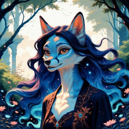 score_9, score_8_up, score_7_up,  fantasy anthro fox,  ethereal, vivid colours, lush, dreamlike, detailed and vibrant, full scene composition, good anatomy, beautiful eyes, mystical, elegant, beautiful, high res, alienworld, flowing ethereal hair, Ethereal Brushstroke