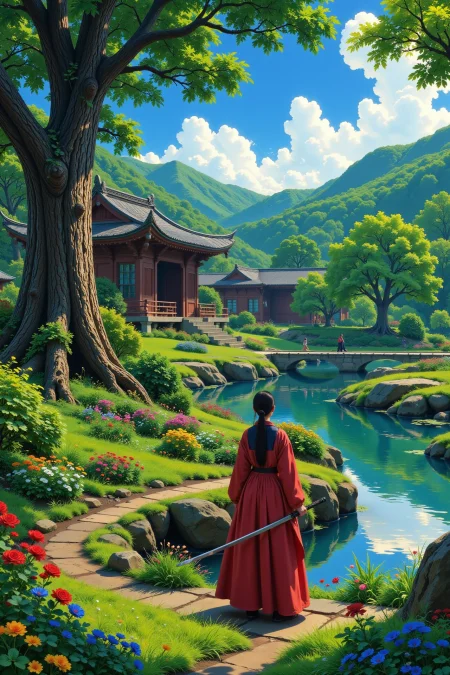A samurai woman in an japanese garden beautiful  landscape, morning, woman, very intricate, very detailed, sharp, bright, colorful, <lora:Hand v2:0.5> <lora:Anti-Blur:1><lora:Insane Detail Slider:0.25>  <lora:flux.1_lora_flyway_Epic-detail_v2:0.3> <lora:fluxenhancer:0.25> <lora:Anime_style:0.6> anime style