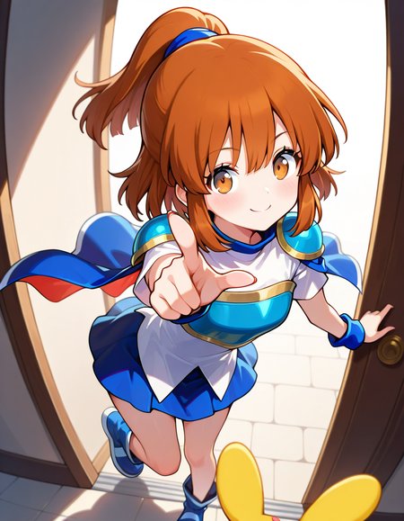 <lora:PuyoArleF_SDXL_illustrious_fp16_ver01:1>,1girl,solo,PuyoarleF,brown eyes,brown hair, ponytail,armor, shoulder armor,white shirt,blue skirt,cape,wristband, blue footwear,carbuncle \(puyopuyo\),<lora:HairintakesEraser_v01_illustrious_10steps:2>,pov,pointing at viewer, smile, masterpiece, best quality, very aesthetic, absurdres,<lora:detailed_hands:1>,hand