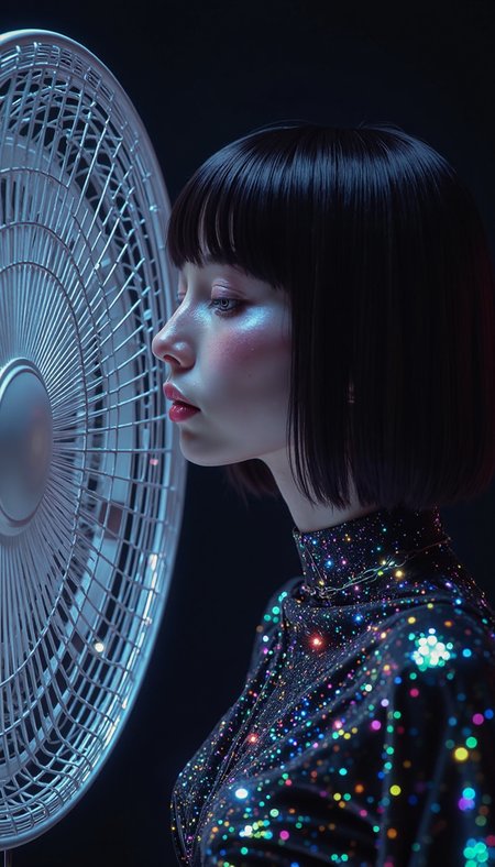 Bioluminescent,evangsurreal,surrealism,glitter, A young woman with sleek, raven hair cut in a hime style, stands in profile, her face mere centimeters from a stark white oscillating fan. Render the scene in a hyperrealistic style with a limited grayscale palette, emphasizing the interplay of light and shadow. The woman's alabaster skin contrasts sharply with the dark background, her expression inscrutable. Her eyes, half-lidded, hold a vacant, doll-like quality. The camera angle is a close-up, cropping the scene just below the woman's shoulders.  The focus should be on the delicate contours of her face juxtaposed against the rigid, geometric lines of the fan.  Infuse the image with an unsettling, ethereal ambiance, leaving the narrative open to interpretation.
