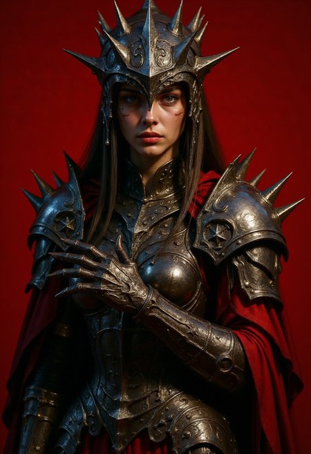 a fantastical, armored female warrior against a deep red background. The woman has pale skin and long, dark hair partially covered by a metallic helmet adorned with sharp spikes. Her face is partially obscured by the helmet, with only her lips and chin visible. She wears a detailed, dark, and metallic armor with intricate designs and textures that resemble a mix of gothic and medieval styles. Her armor includes spiked shoulder guards, a chest plate with ornate patterns, and gauntlets with sharp, pointed fingers. She also has a flowing red cape draped over her shoulders, adding a dramatic touch to her appearance. The background is a solid, deep red, enhancing the dark and ominous tone of the image. The woman's expression is serious and intense, with a hint of determination. The overall style of the artwork is dark fantasy, with a focus on detailed textures and dramatic lighting that highlights the intricate design of her armor and the contrast between her pale skin and the dark attire. The image conveys a sense of strength and mystique, typical of fantasy genre art. <lora:FluxD3tailedP0rtraits:1>