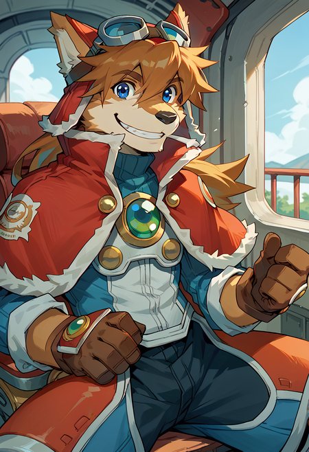 score_9, score_8_up, score_7_up, high res, best quality, red_savarin_solatorobo, furry, goggles, solo, 1boy, blue eyes, brown hair, capelet, gloves, smile, happy, sitting inside robot, <lora:Red_Savarin_Solatorobo:1>