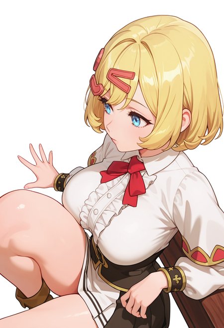 Smooth Quality,masterpiece,very intricate, high quality details, ultra realistic, high detailed skin,detailed enviorement,absurdres,
spread fingers,solo,
 <lora:Esyne_CNR:0.8> esyne_cnr, blue eyes, blonde hair, short hair,large breasts, hair ornament, hairclip,, simple background, white background, from above,
reclining, one leg over other, arm on backrest, calm, composed,  ,, . .,