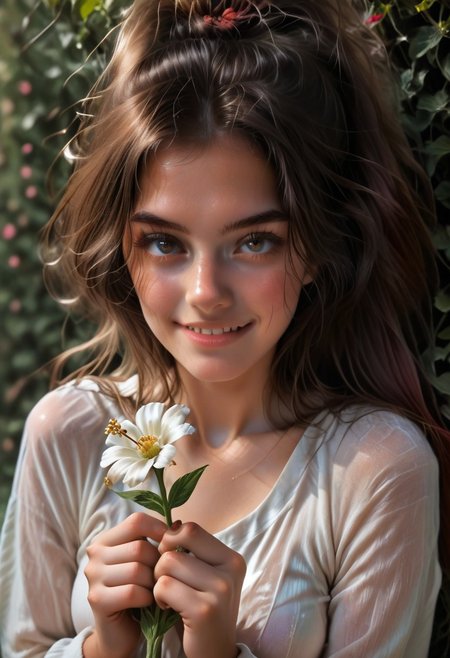 consistent_character, most_beautiful_young_woman, smiling,  holding a flower. smelling at flower