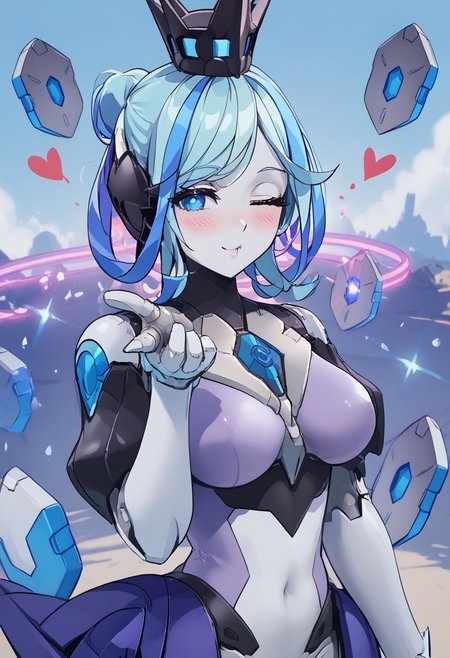 score_4,score_5,score_6,score_7_up,score_8_up,score_9 ((masterpiece,best quality,ultra detailed,highres,HD,4k:1.2)), 
1girl, solo,solo focus,girl focus,face focus,
robot joints,colored skin,
blue hair,two-tone hair,multicolored hair,streaked hair,single hair bun,crown,blue eyes,large breasts,
outdoor,
<lora:blowing-kiss-ponyxl-lora-nochekaiser:1>, blowing kiss, pucked lips, heart, one eye closed, o3o, looking at viewer, hand up,Pouting lips,pointing fingertips towards viewer, blush,shy,smile,Half-closed eyes, squinting, staring,jitome,