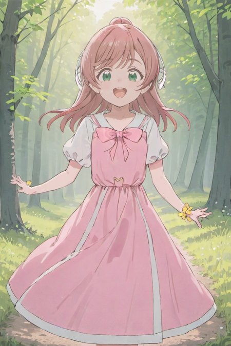 extremely detailed background, 1girl, solo, casual outfit, outdoors, smile, open mouth, white pink dress, short sleeves, ribbon, <lora:Nijigaoka Mashiro XL V1-000007:0.6>