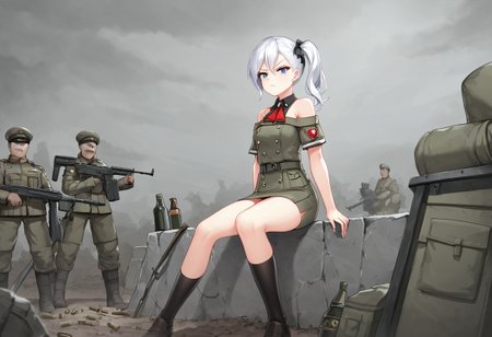 Best quality,ultra Hd, war zone ambience,short skirt,source anime, hammer and sickle cross symbol on red flag,game CG,battle style thigh high sock, smooth skin, soft medium round breast,glowing body,nice blue eye,long light white hair girl,side ponytail with ribbon, black & white elegant Soviet army winter outfit, outdoor,bare shoulder,waifu material, very sour face, hand hold SVD riffle , lawfull good tsundere girl,  serious vibes, she with upset face with  position to fire ,pointing gun at enemy,arctic cycle front,under heavy enemy concentrate fire, Trench 
with barbwire background,bottle of Vodka,sit on Trench with return fire,bullet casing, Blizzard ,pout face,cold looking eye, soldier in defense Trench formation,Trench warfare,T 62 tank ,ussr,with red flag,слава России