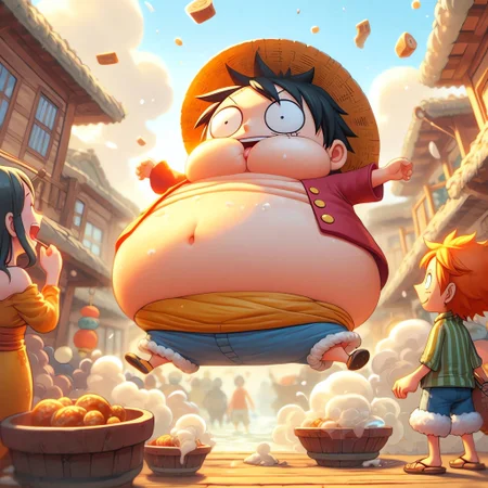 Chubby Luffy from One Piece inflating like a balloon in a bustling, stylized street scene with onlookers, food, and rising steam/smoke.