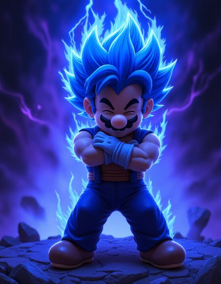 Super Mario is turning Super Saiyan Blue, his hair and mustache are turning blue as well. The image is set in a dark and moody environment with a blue and purple color scheme. The background is a dark blue with a purple aura around Mario. He is standing in a powerful pose with his arms crossed and his eyes closed, as if he is summoning his power. The aura around him is crackling with blue energy, and his hair and mustache are standing on end. The overall effect is one of intense power and energy., aidmaMJ6.1, aidmaHyperrealism, <lora:aidmaMJ6.1v0.4:0.6>, <lora:aidmaHyperrealismv0.3:0.5>