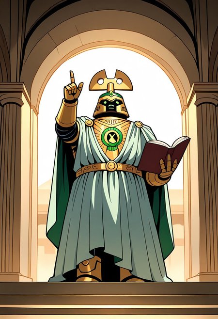masterpiece, best quality, amazing quality, very aesthetic, absurdres, newest, 
 clockwork, robot, solo, no humans, 
ancient rome, ancient Greece, greek mythology, greek robe, green crown, athens, pointing up, holding book,