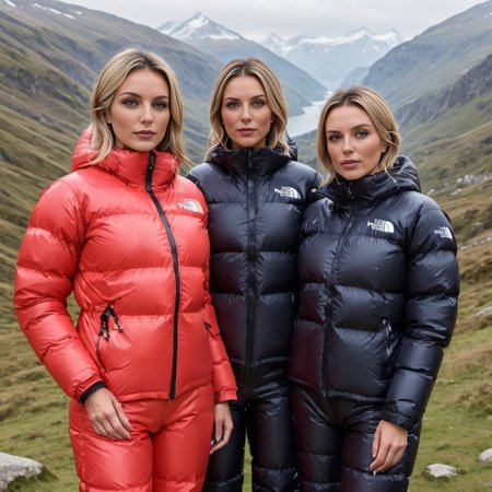 group of british middle aged women wearing a tnf_nuptse jacket and  latex downsuit puffer_downsuit , hyperdetailed photography,4k textures,intricate details,4k resolution,  <lora:puffer_downsuit_v1:0.6> outdoors scene 
 <lora:pufferdown_tnf_nuptse:0.6>