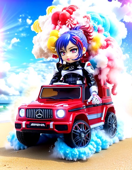 Ankama vivid animation style Erza Scarlet (riding:1.15) a (mg63:1.15),at a beach,latex racesuit, candy cotton clouds,glittebomb explosion, smoke, half robot face, mechanical arm, biomechanical, (masterpiece:1.05),,,. Vibrant colors, expansive storyworlds, stylized characters, flowing motion