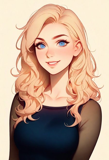 1girl, Lux(league of legends), blonde wavy hair, detailed blue eyes, big smile, teeth, medium breast, looking at viewer, 
tight dark blue loong sleeve top,
(((beige background))), portrait,
masterpiece, best quality, very aesthetic,
artist : tsuaii,