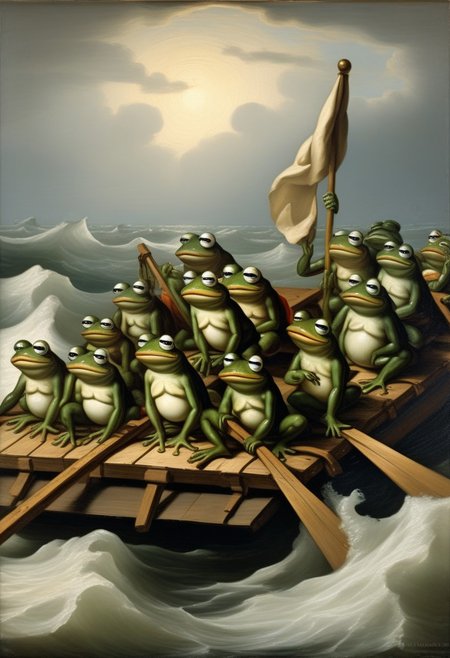 detailxl, high quality, intricate, renaissance_painting of,
frog, sad pepe_frog,
(crowd of frogs on a raft lost on sea, starving, white flag),
(raft, sea background),
 (La Meduse painting by Theodore Gericault:1.5)