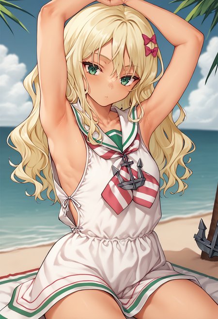 score_9, score_8_up, score_7_up, score_6_up, score_5_up, score_4_up, BREAK, cowboy shot, beach, sitting, arms up, armpits, <lora:Cle-Masahiro-Style-PonyXL:1>,
<lora:grecalev1:0.9>, grecalekc, blonde hair, green eyes, hair bow, tan, grecalebase, long hair, wavy hair, sleeveless dress, neckerchief, white sailor collar, anchor,