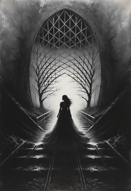 Charcoal drawing, crayons, black pencil drawing, pencil drawing, black and white drawing, graphite drawing, Poster âTwilight was falling, and the girl stood at the edge of the forest, looking at an old abandoned house, shrouded in a mysterious fog. Her dress fluttered slightly in the wind, and the light from behind the clouds, her figure was softly illuminated, creating a black silhouette of her figure, creating an atmosphere of anticipation and anxiety. Dark shadows were hiding in the distance among the trees, adding a feeling of the unknown and mystical waiting for her in this forgotten place. What secrets does this house hide? painting in the style of artists such as Russ Mills, Sakimichan, Vlop, Leush, Artgerm, Darek Zabrocki and Jean-Baptiste Monge