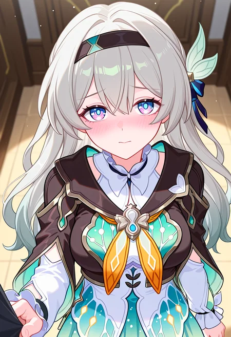 masterpiece, high quality, absurdres, 1girl, firefly \(honkai: star rail\), sleeve grab, grabbing another's sleeve, blush, looking at viewer,  <lora:sleeve_grabbing:1>