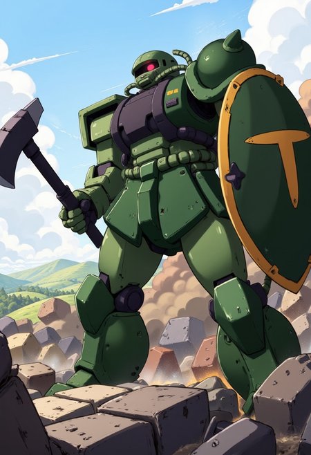 Create a dynamic and detailed illustration of a Zaku II mobile suit in the middle of combat. The Zaku II,(((mecha red))) dressed in its iconic green and heavily armored exterior, (((axe in hand))), the mobile suit's bright red mono-eye glows brightly when focused on the target, adding a sense of intensity and menace to the scene . The Zaku II's armor shows signs of battle, with scratches, dents, and dirt collecting on its surface, reflecting its rugged durability. The huge shield strapped to his arm bears the Zeon insignia, further emphasizing his loyalty. Behind the Zaku II, the sky is clear and the landscape is a mix of hills and a distant horizon, which contrasts with the chaotic action in the foreground. The overall atmosphere is one of power and destruction, capturing the Zaku II as a fearsome war machine in the heat of battle. Z4KU2