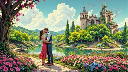 a couple of lovers in the distance  kissing in a lovely garden on Valentine's Day beautiful  landscape, noon, woman, very intricate, very detailed, sharp, bright, colorful, <lora:Hand v2:0.5> <lora:Anti-Blur:1><lora:Insane Detail Slider:0.25>  <lora:flux.1_lora_flyway_Epic-detail_v2:0.3> <lora:fluxenhancer:0.25> <lora:ck-Neon-Retrowave:0.4> ck-rw, in the style of ck-rw,  <lora:Neurocore Anime Cyberpunk:0.8> A digital artwork in the style of cknc
