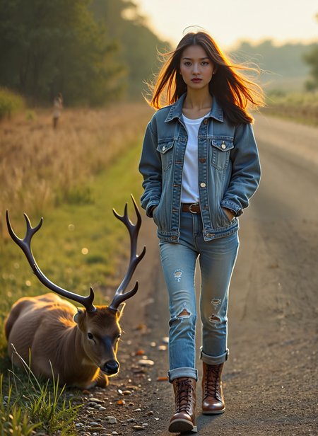 cinematic film still a young woman walking on a road with a deer lying on the side. The woman is wearing a denim jacket, ripped jeans, and brown boots. She has long brown hair and is looking directly at the camera with a serious expression. The deer has large antlers and is lying on its side on the road. The background is a field with tall grass and trees. The sky is orange and yellow, indicating that it is either sunrise or sunset. The overall mood of the image is peaceful and serene. <lora:add-detail-xl:.5>  <lora:Flux-style-xl-lora:.5>