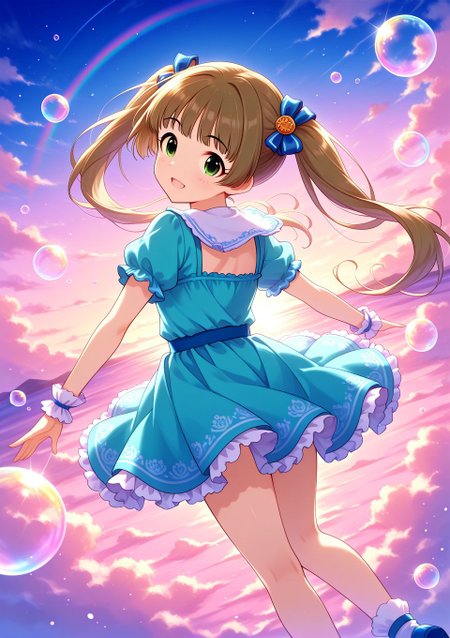 <lora:Yokoyama_Chika_Cinderella:0.9>, Yokoyama_Chika_Cinderella, long hair, twintails, brown hair, hair ornament, green eyes, 
idolmaster, idolmaster cinderella girls, 
<lora:soap-bubble-fantasy-04:0.7>, soap bubble background fantasy, rainbow bubbles, 
<lora:on_cloud_v1_illustrious_d:0.7>, on_cloud, cloud,, BREAK
masterpiece, best quality, amazing quality, very aesthetic, absurdres, newest, 
 <lora:Eyes_High_Definition:0.6>, eyesHD, high gradient eyes, detailed eyes, high definition eyes, 
<lora:LECO_Particles:1>, 
BREAK, <lora:brightness_slider:-0.5>,, general, from behind, looking back, dutch angle,  dynamic pose,