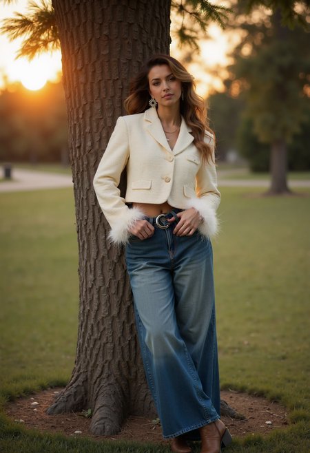 clo030, full-body shot, beautiful woman, wearing a cream cropped blazer with feathered cuffs and high-waisted wide-leg denim jeans, cowboy boots, leaning on a tree in a park, sunset