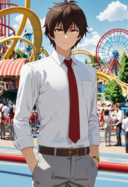 Highres, Masterpiece, High Quality, 4K, 8K, solo, 1Boy, Seiya Kanie, short dark brown hair, golden eyes, white dress shirt, red armband, manager, red tie, gray pants, theme park, easynegative, detailed_eye_model