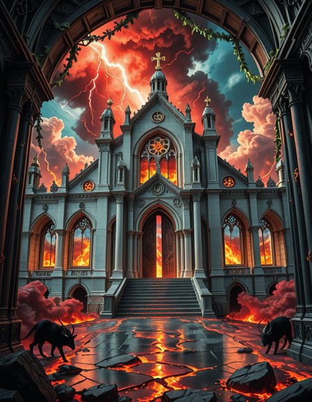A once-majestic celestial temple, now under siege by the forces of Hell. The grand white stone structure is cracked and scorched, its golden crosses twisted and broken. The stained-glass windows, once glowing with warm divine light, are now shattered, with demonic symbols glowing ominously in their place. The sky, once a serene blue, is now consumed by dark storm clouds, swirling with red lightning and thick smoke.
Black, jagged chains extend from the sky, wrapping around the temple as if trying to pull it down into the abyss. The once-fluffy clouds beneath the structure are now a chaotic mix of fire, ash, and dark mist, with glimpses of molten lava cracks below. Infernal creatures with glowing red eyes lurk in the shadows, their silhouettes barely visible through the smoke and fire.
The temple doors are blown open, revealing an eerie red glow emanating from within, as if Hell itself is consuming the sacred space. Massive demonic runes are etched into the stone, pulsating with an unholy energy. The entire scene is bathed in a deep crimson and orange glow, giving it an apocalyptic and nightmarish atmosphere.
Style & Lighting:
- Dark fantasy, highly detailed
- Dramatic, high-contrast lighting with fiery glows
- Cinematic composition, epic scale
- Strong use of shadows, embers, and atmospheric foghighly detailed and atmospheric view from inside a massive birdcage, large enough for a human to stand inside. The cage is made of ornate, aged metal bars with intricate Victorian-style patterns, curving elegantly towards the domed ceiling. Sunlight filters through the gaps between the bars, casting long, dramatic shadows on the wooden floor. Delicate vines and small flowers have begun to grow around the bars, adding a touch of nature reclaiming the space. The background beyond the cage is blurred, hinting at a lush garden or a mysterious, abandoned mansion. The ambiance is serene yet slightly melancholic, with warm golden light illuminating dust particles floating in the air. Soft feathers are scattered on the floor, adding to the sense of quiet abandonment. The perspective makes the viewer feel as if they are inside the cage, looking outward, surrounded by both beauty and confinement. The style is highly detailed and realistic, with a cinematic and slightly surreal atmosphere.
<lora:SDXLFaeTastic2400:0.4> <lora:extremely_detailed:0.4> extremely detailed 
<lora:evil_celestial_t3mpl3-i:1> evil celestial t3mpl3, Masterpiece,best quality,hi res,8k,hi res,8k,award winning,(sharp focus, intricate, highly detailed),