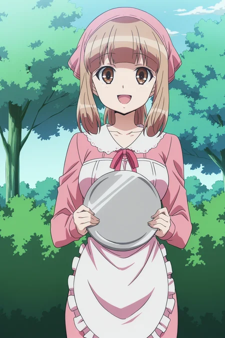 anime coloring, anime screencap, masterpiece, best quality, amazing quality,
outside, trees, bush, blue sky,
 <lora:YÅ«_Naruse_WataMote_No_Matter_How_I_Look_At_It_Its_You_Guys_Fault_Im_Not_Popular:.9>
Yu cake shop outfit, Yu Naruse, 1girl, solo, brown eyes, tray, brown hair, apron, smile, open mouth, tree, :D looking at the viewer