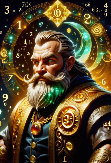 hyper detailed masterpiece, dynamic, awesome quality,swirling DonMM4hM4g1cXL math magic,numbers, symbols,male  dwarf, small short fictional humanoid creature, stout, muscular, skilled, hardy, male, prominent facial hair, beard, resilience,  craftsmanship,gold, gems, <lora:DonMM4hM4g1cXL-000008:0.8>