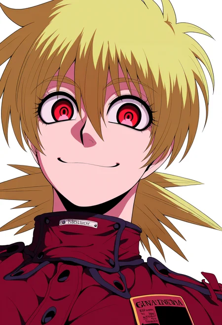 best quality, amazing quality, very aesthetic, absurdres,
BREAK
1girl, seras victoria, blonde hair, red eyes, 
red uniform,
smile, looking at viewer, upper body, simple background, white background, <lora:SerasVictoriaNoobXL_byKonan:1>