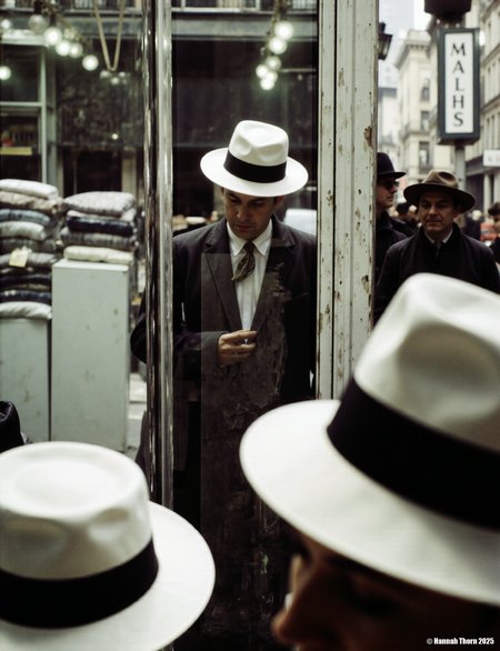 The picture is a black and white photograph depicting a reflection in a shop window.    **Description:**  The main focus is a blurred reflection of a man wearing a fedora hat, standing somewhat obliquely to the viewer. His features are indistinct due to the reflection and blurring. Behind him, the reflection shows a city street scene. We see parts of buildings, one prominently featuring a sign, partially legible, and suggesting a commercial building. Stacks of what looks like folded clothing or textiles are visible in the shop window itself. Lightbulbs hang from the ceiling inside the shop. There are figures of people partially visible in the background street scene, also blurred. In the foreground, in sharp focus is another fedora hat, seemingly belonging to the person taking or viewing the photograph, which itself is part of the composition. The reflection is slightly distorted, creating an intriguing interplay between the foreground and background.  **Style:**  The photograph's style is characteristic of street photography with a focus on a reflective element.  It exhibits a  strong sense of photojournalism, showing a slice of everyday life.  The blur and distortion add an element of surrealism and mystery, drawing attention to the play between reality and reflection. The monochromatic palette and the contrast between the sharp foreground hat and the blurred reflection enhance the mood of the image. The subject's anonymity and the indistinct background maintain the photograph's mysterious and contemplative quality. The compositional elements are somewhat informal, reflecting a candid, observational approach to capturing the scene. The overall tone is melancholic and somewhat atmospheric. <lora:_Flux\Saul_Leiter_Streetphotography.safetensors:1.0:1.0>