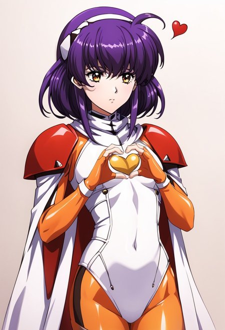 (score_9,score_8_up,score_7_up,source_anime,(masterpiece:1.2),best quality,very aesthetic,public indecency,absurdres),masterpiece,best quality,very aesthetic,absurdres,fantasy,solo,1girl,
<lora:lambda_p_v1:1>,lambda,purple hair,l_clothes,armor,red cape,fingerless gloves,orange body suit,skin tight,white leotard,covered navel,white cape,expressionless,
<lora:Fixhands_anime_bdsqlsz_V1:1>,
dynamic_angle,cinematic_angle,dutch angle,((portrait)),(face_focus:1.2),(upper_body:1.2),light_blush,shy,looking_to_the_side,heart hands,looking_away,, masterpiece,best quality, very aesthetic, absurdres, ultra detailed, high resolution, 4k, extremely detailed CG,