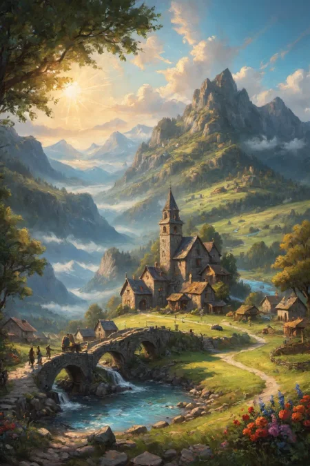 the most beautiful landscape, fantasy, ((very detailed)), sharp focus, sharp background,  best quality, valley, meadow, fountain, peasant village, stunning nature environment, (bright sunny sky), high contrast, cinematic (lights), backlight, shadows, lens flare, vibrant colors, colorful, Midnight Green flowers and leaves,  <lora:add-detail-xl:1>  <lora:Better Blur Control:1>