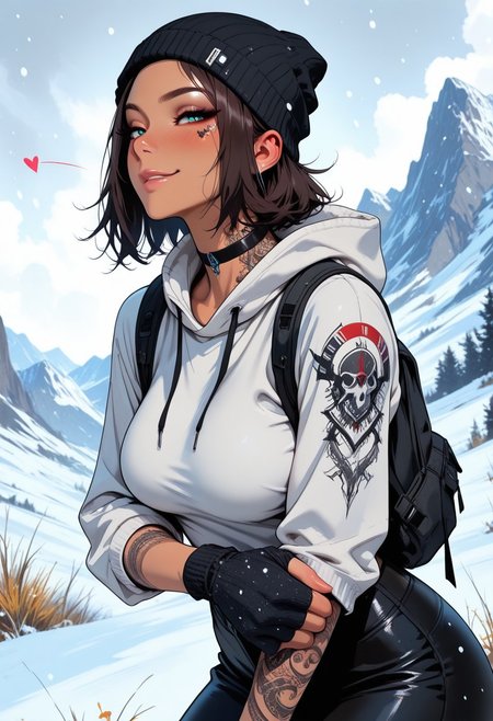 highres, very detailed, amazing quality, masterpiece,
very aesthetic,
glitter, particle effect,
1girl, solo, tan skin, toned arms, Covered in Tattoos, tattoo, arm tattoos, neck tattoos, chest tattoos, hoodie, beanie, large breasts, choker, knit gloves, visible shoulders, sleeves rolled up, forearms visible, 
seducing, seductive, flirty, tender, loving, playful, looking at viewer, smirk, 
Hiking on a mountain, snowing, Cloudy Sky,