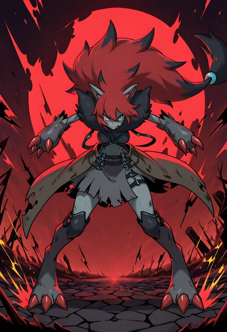 masterpiece, best quality,    <lora:ZoroarkPokedex_IXL_v1:1.0>,  (claw focus, foreshortening),  zzZoroark, 1girl, solo, tousled hair, side bun, battle-damaged trench coat, steel-plated claw gloves, leather chest harness, torn combat skirt, gravel lot, shattered streetlamps â The streetlamp flickers, casting shadows over her steel claws dragging through the gravel. She walks slowly, each step deliberate, the trench coat swaying over her knees. Sparks fly as her claws scrape the pavement, warning anyone nearby: she's not here to play.